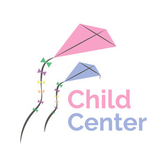 Vector logo template for child center, baby shop, store or market. Illustration of two kites in purple and pink colors. Can be used for print on clothes for boys and girls, decoration, design banners,