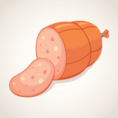 Set of vector cartoon sausage. Bacon, sliced Salami and Smoked Boiled. Isolated fresh Delicatessen icons. Grilled product on a white