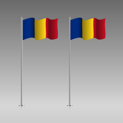 Romania flag on the flagpole. Official colors and proportion correctly. High detailed vector illustration. 3d and isometry. EPS10