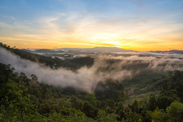 misty morning sunrise in mountain at Phang Nga,Thailand.