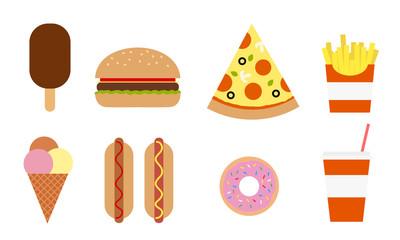 Colorful vector set of different fast food, isolated on white background