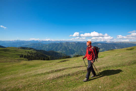Happy hiker walks along alpine meadow