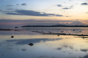 Boat in the ocean with view to Gili Meno from Gili Air, Lombok, Indonesia