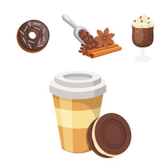 Cup of coffee, cappuccino, latte and chocolate food. Sweet deserts time.