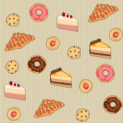 Seamless bakery pattern with hand drawn donuts, cakes, cookies