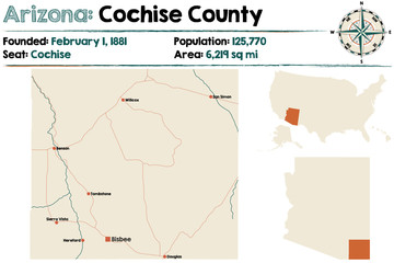 Large and detailed map of Cochise county in Arizona.