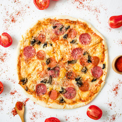 Tasty pizza with ingredients and spices on white rustic background. Flat lay, top view.