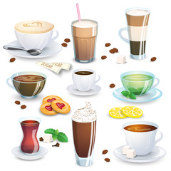 Set of non-alcoholic beverages - tea, herbal tea, hot chocolate, latte, mate, coffee, and small additions for hot drinks. Vector illustration, isolated on white.