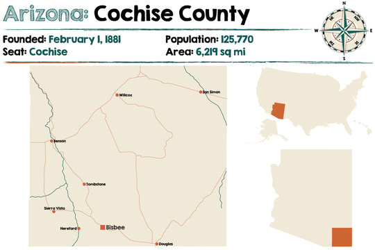 Large And Detailed Map Of Cochise County In Arizona.