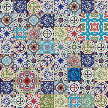 Mega Gorgeous seamless patchwork pattern from colorful Moroccan, Portuguese  tiles, Azulejo, ornaments.. Can be used for wallpaper, pattern fills, web page background,surface textures. 