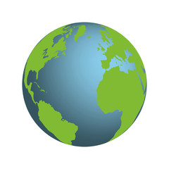 Isolated globe on a transparent background with North and South America, Europe and Africa at the front in green and blue.