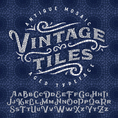 Vintage antique mosaic typeface made of hundreds of aged tiles. With seamless background pattern. - obrazy, fototapety, plakaty