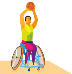 Naklejka premium disabled athlete playing wheelchair basketball and attacks the opponent's ring