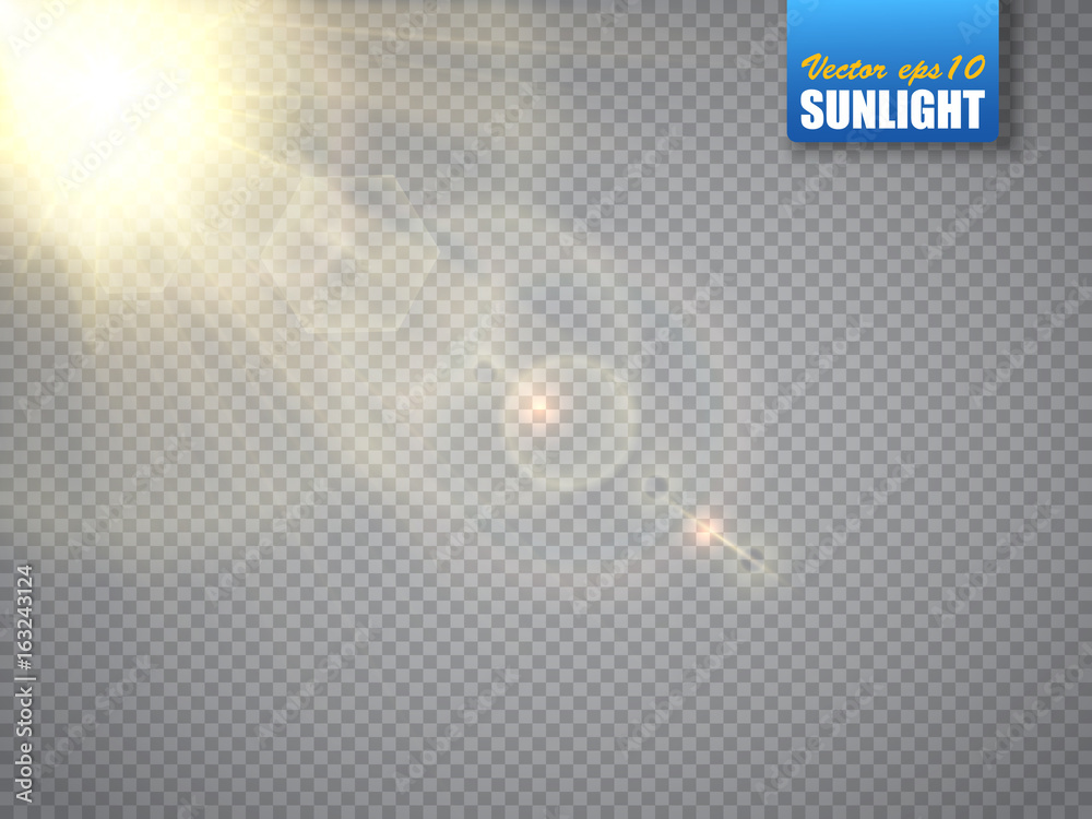 Wall mural lens flare light effect. sun rays with beams isolated. vector
