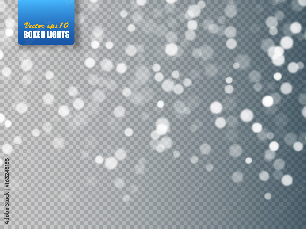 Poster bokeh background. snowflakes isolated on transparent. vector illustration.