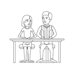 monochrome silhouette of teamwork of woman and man sitting in desk and her with short hair and him in formal suit with necktie vector illustration