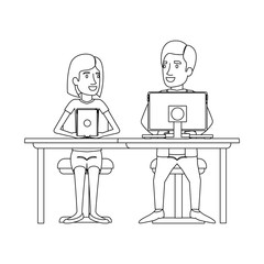 monochrome silhouette of teamwork of woman and man sitting in desk with tech devices and her with short hair and him in formal suit with necktie vector illustration