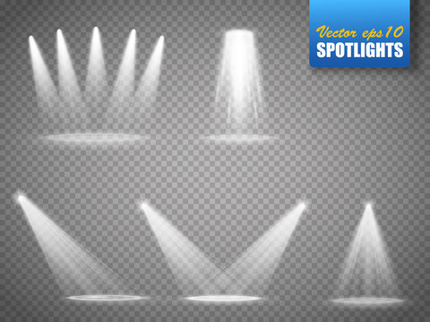 Set of vector isolated spotlights. Stage light on transparent.