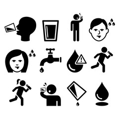 Fototapeta Thirsty man, dry mouth, thirst, people drinking water icons set  obraz