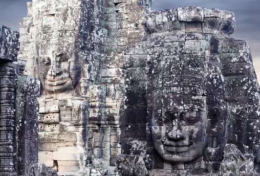 Ancient stone bas-relief at Prasat Bayon Temple in Angkor Thom, Cambodia