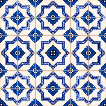Gorgeous seamless patchwork pattern from dark blue and white Moroccan, Portuguese  tiles, Azulejo, ornaments. Can be used for wallpaper, pattern fills, web page background,surface textures. 