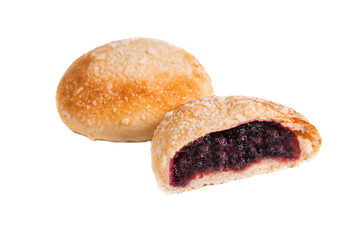 round pie with a sweet filling, currants, blueberries, jam, close-up, isolate, white background