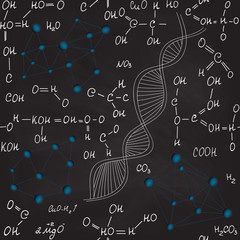 Biology and chemistry vector seamless pattern with handwritten dna, formulas, equations hand drawn with chalk on grey blackboard. Scientific endless texture