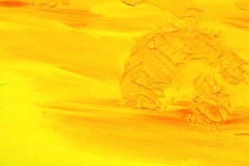 Hintergrund in Sonnengelb, Orange und Rot, Textur aus Strukturgel, Leinwand, Gouache-Farbe 