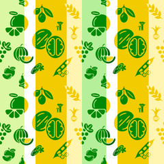 Digital green yellow vegetable icons set infographics drawn simple line art pattern, onion squash pear orange apple grape carrot wallnut peas watermelon cabage, flat, organic vegetarian food