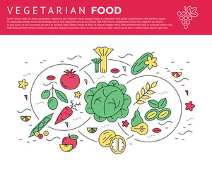 Digital green red vegetable icons set infographics drawn simple line art pattern, onion squash pear orange apple grape carrot wallnut peas watermelon cabage, flat, organic vegetarian food chain