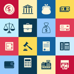 Digital vector blue business icons with drawn simple line art info graphic, presentation with 16 economy elements in squares around promo template, flat style