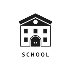 Digital vector black school icon with drawn simple line art, building main entrance outline, flat style