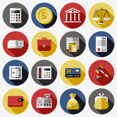 Digital vector blue business icons with drawn simple line art info graphic, presentation with 16 economy elements in circles around promo template, flat style