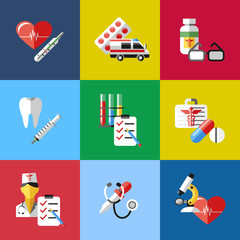 Digital vector blue red pharmacy medical icons set with drawn simple line art info graphic, ambulance tooth pills nurse heart tubes syringe medicine dropper first aid thermometer hospital, flat style