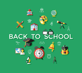 Digital vector green school icons with drawn simple line art, children map globe hat bell clock pen ruler book apple girl boy pupil brush calculator bus lessons bag holidays, flat style