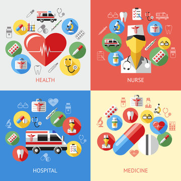 Digital vector blue red pharmacy medical icons set with drawn simple line art info graphic, ambulance tooth pills nurse heart tubes syringe medicine dropper first aid thermometer hospital, flat style