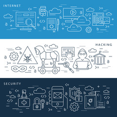 Digital vector blue internet security data protection icons set drawn simple line art info graphic poster, hacker user bug vulnerability mobile email trojan malware bank cloud spy intercept mask, flat