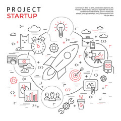 Digital vector yellow startup business icons with drawn simple line art info graphic, presentation with project and team elements around promo template, flat style