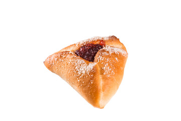 beautiful delicious baked triangular cakes with sweet stuffing inside, strawberries, currants, close-up, white background, isolate, bakery