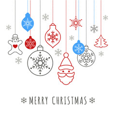 Digital vector blue happy new year merry christmas icons with drawn simple line art info graphic, presentation with toys and gifts elements around promo template, flat style