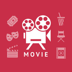 Digital vector red white cinema icons with drawn simple line art info graphic, presentation with screen, movie and old camera elements around promo template, flat style