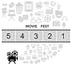 Digital vector black cinema icons with drawn simple line art info graphic, presentation with screen, movie fest and old camera elements around promo template, flat style