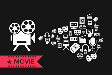 Digital vector red white cinema icons with drawn simple line art info graphic, presentation with screen, movie and old camera projecting elements around promo template, flat style