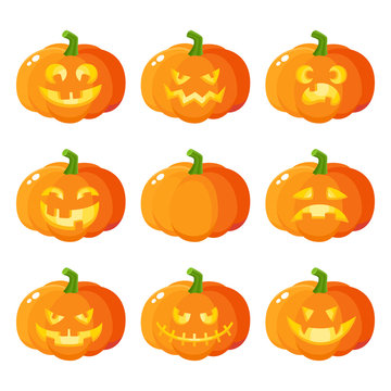 Set of Halloween pumpkin jack-o-lanterns showing various emotions, cartoon vector illustration isolated on white background. Set of pumpkin, jack o lantern emoticons, traditional Halloween symbol