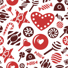 Digital vector red brown sweet candies icons with drawn simple line art info graphic, presentation with sweety, seamless pattern, chocolate and cookies elements around promo template, flat style