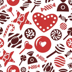 Fotobehang Digital vector red brown sweet candies icons with drawn simple line art info graphic, presentation with sweety, seamless pattern, chocolate and cookies elements around promo template, flat style © frimufilms