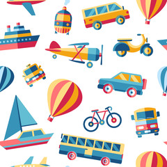 Obraz na płótnie Canvas Digital vector blue red yellow city transport icons set with drawn simple line art info graphic, seamless pattern, presentation with car, train and bicycle elements around promo template, flat style