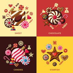 Digital vector red brown sweet candies icons with drawn simple line art info graphic, presentation with sweety, chocolate and cookies elements around promo template, flat style