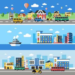 Digital vector blue city transport icons with drawn simple line art info graphic, presentation with car, boat and building elements around promo template, flat style