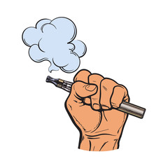 Male hand holding e-cigarette, electronic cigarette, vapor with smoke coming out, sketch vector illustration isolated on white background. Drawing of hand holding electronic cigarette, vapor and smoke